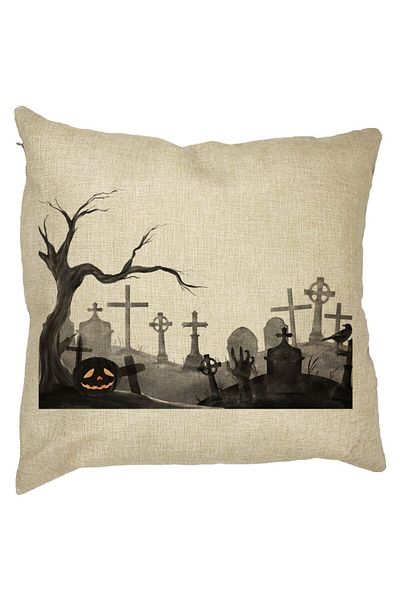 BEKZ Perna Decorativa cu motiv Cimitir de Halloween, 40x40 cm, Husa Detasabila, Burduf