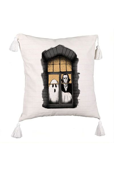 BEKZ Halloween Ghost and Vampire Fringed Decorative Pillow, 45x45 cm, Ecru, With zipper