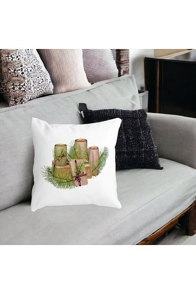 BEKZ Christmas Themed Decorative Pillow, Candles, 7, 40x40 cm, White, Matte, Removable Cover, Bellows