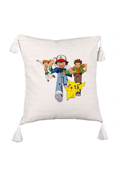 BEKZ Pokemon Pikachu Decorative Pillow with Fringes, 45x45 cm, Ecru, With zipper