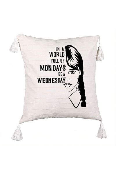 BEKZ Pillowcase with Fringes, Wednesday Addams Pattern and Text, 45x45 cm, Ecru, With zipper