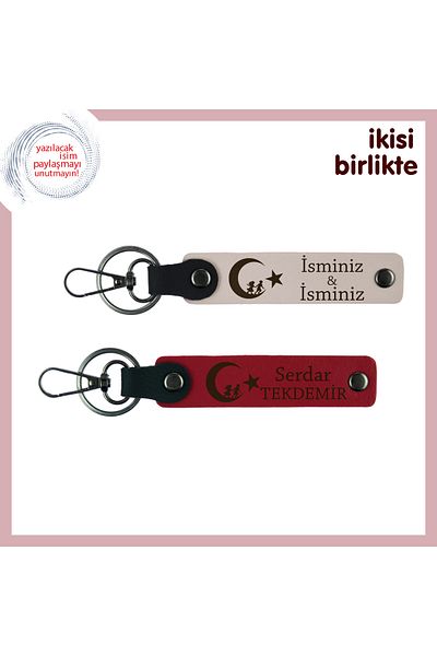 Miaju Personal Armağan – Child and Crescent Star Patterned Name Writable X2 Keychain Gift, Powder-Red