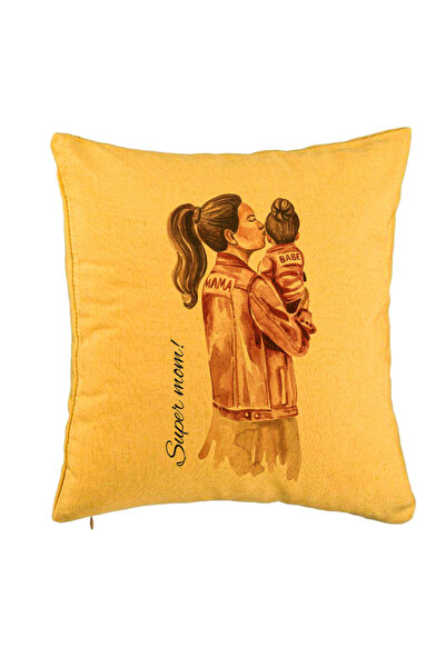 BEKZ Perna Decorativa, Model Super Mom &amp; Babe, 40x40 cm, Galben, Husa Detasabila, Burduf
