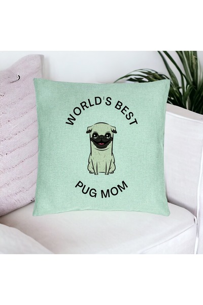 BEKZ Fata De Perna, Model World's Best Pug Mom, 40x40 Cm, Verde Menta, Husa Detasabila