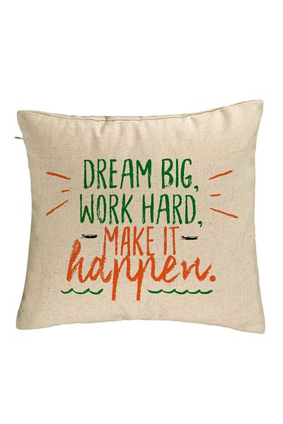 BEKZ Pernă decorativă, model Dream Big Work Hard Make It Happen, 40x40 cm, bej, husă detașabilă, Bello