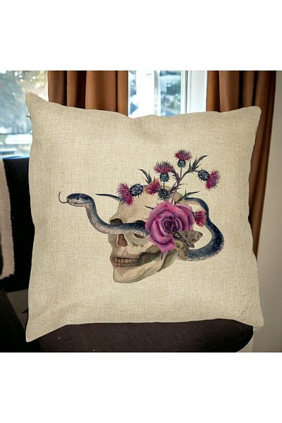 BEKZ Perna Decorativa cu motiv Craniu si Sarpe de Halloween, 40x40 cm, Husa Detasabila, Burduf
