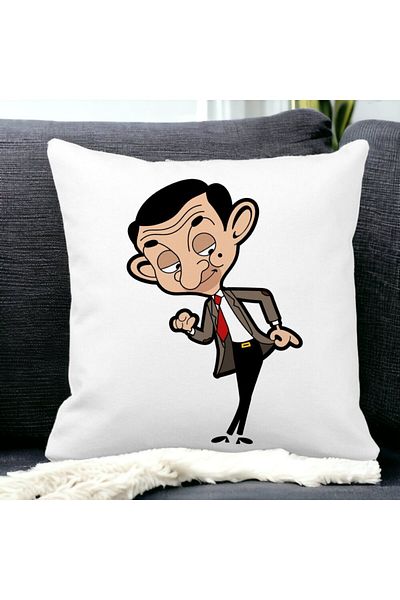 BEKZ Mr Bean Square Decorative Pillow, 40x40 cm, White, Matte, Removable Cover, Bellows