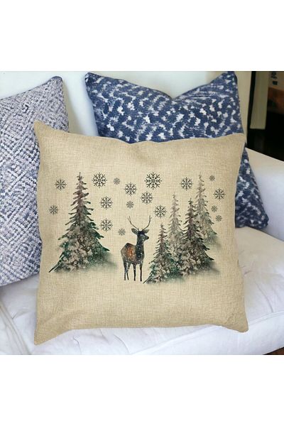 BEKZ Perna Decorativa de Craciun, Peisaj Brazi si Cerb, 40x40 cm, Husa Detasabila, Burduf