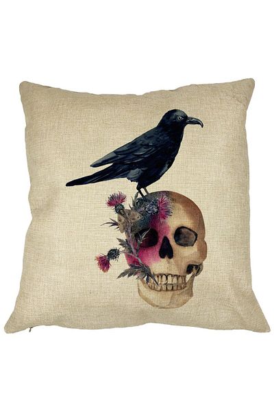 BEKZ Perna Decorativa cu motiv Craniu si Cioara de Halloween, 40x40 cm, Husa Detasabila, Burduf