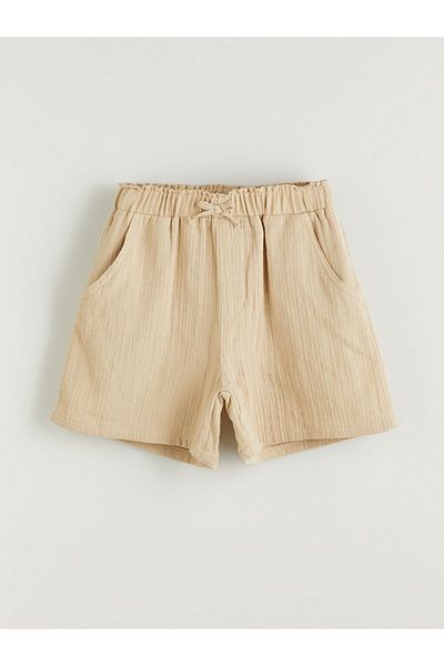 LC Waikiki Beige Elastic Waist Muslin Girl's Shorts