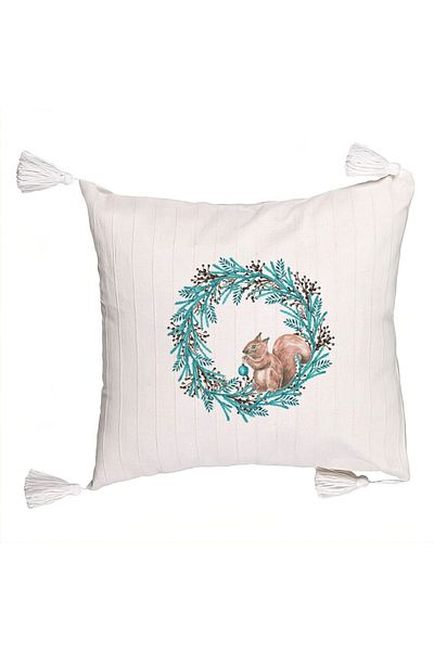 BEKZ Decorative Pillow with Fringes Christmas Wreath and Squirrel, 45x45 cm, Ecru, With zipper