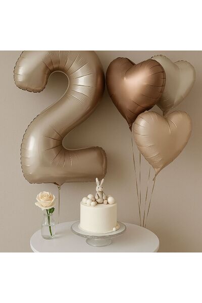 TATLI GÜNLER 2 Yaş Doğum Günü Süsleme Seti - Bej & Kahverengi Tonlarında Zari...