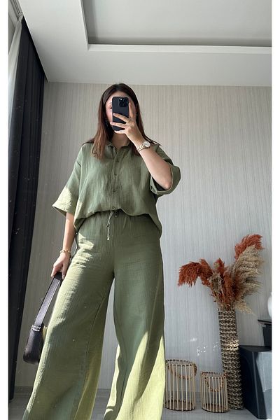 ButikNo35 Khaki Muslin Fabric Trousers Shirt Set