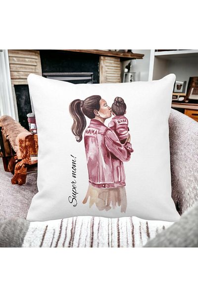 BEKZ Decorative Pillow, Super Mom &amp; Babe, 40x40 cm, White, Matte, Removable Cover, Bellows