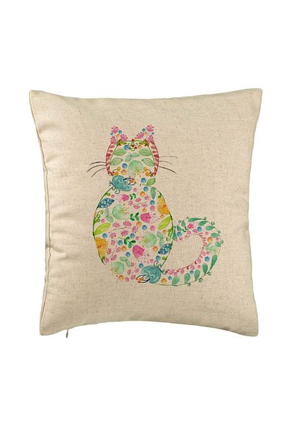 BEKZ Perna Decorativa, Model Pisica cu Flori, Multicolor, 40x40 cm, Bej, Husa Detasabila, Burduf