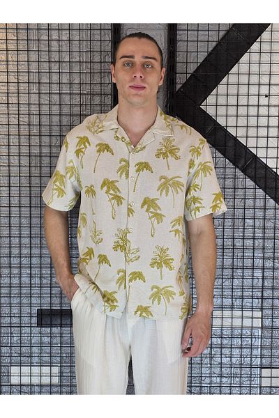 Geco Palm Pattern Ecru Fuchia Green Short Sleeve Shirt