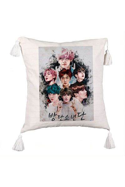 BEKZ BTS Army Fringed Pillowcase, 45x45 cm, Ecru, With zipper