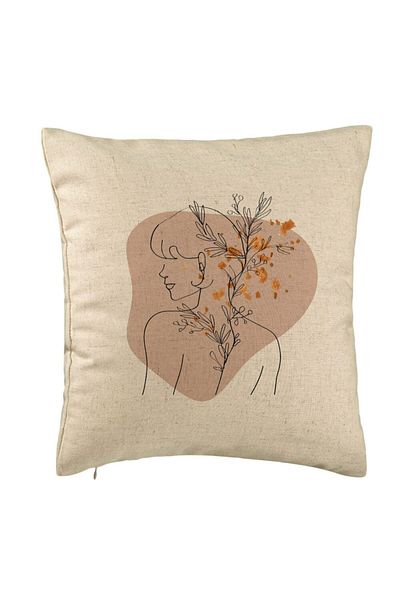 BEKZ Perna Decorativa, Model Corp Femeie si Flori, 40x40 cm, Bej, Husa Detasabila, Burduf