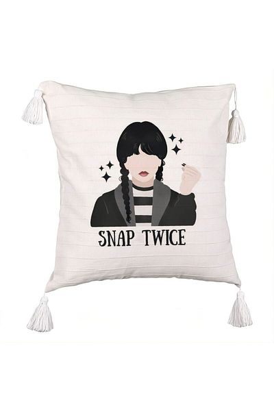 BEKZ Decorative Pillow with Fringes, Wednesday Addams 6 Model, 45x45 cm, Ecru, With zipper