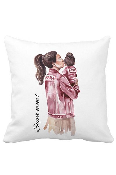 BEKZ Decorative Pillow, Super Mom &amp; Babe, 40x40 cm, White, Matte, Removable Cover, Bellows