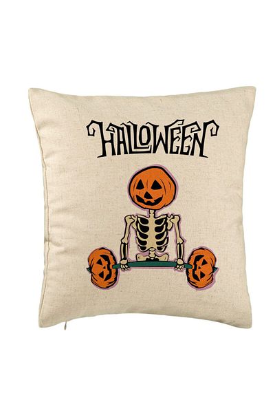 BEKZ Perna Decorativa cu motiv Sechelet de Halloween 2, 40x40 cm, Bej, Husa Detasabila, Burduf
