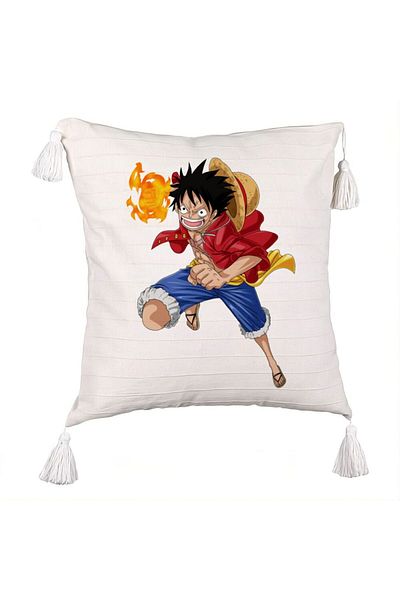 BEKZ Decorative Pillow with Fringes with One Piece Luffy, 45x45 cm, Ecru, With zipper
