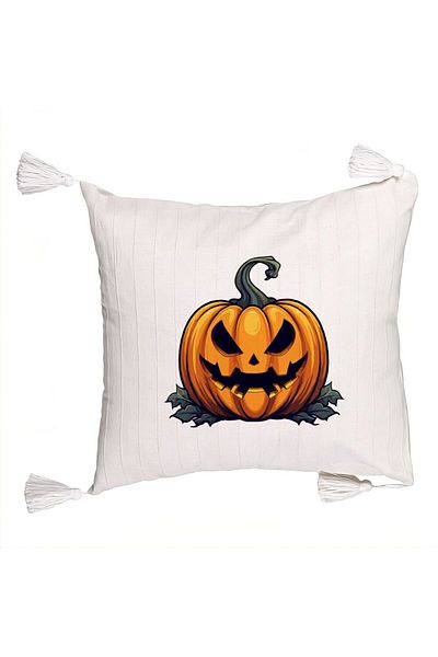 BEKZ Decorative Pillow with Fringes with Halloween Pumpkin Motif 1, 45x45 cm, Ecru, With Zipper