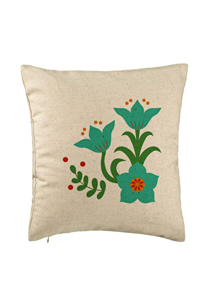 BEKZ Decorative Pillow, Green Floral Pattern, 40x40 cm, Beige, Removable Cove...