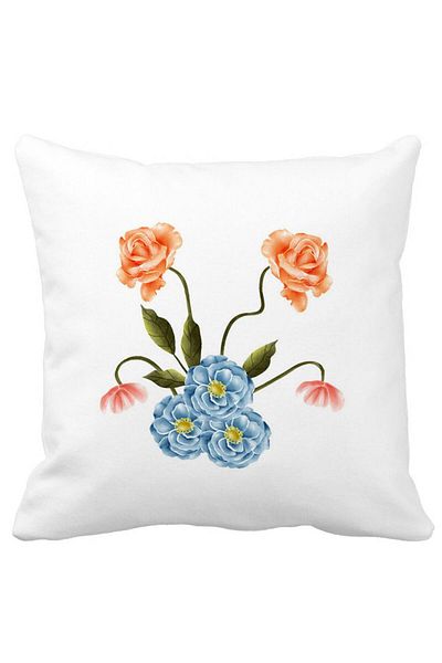 BEKZ Pink and Blue Floral Square Decorative Pillow, 40x40 cm, White, Matte, Removable Cover, Bellows
