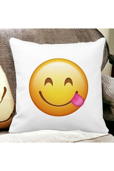 BEKZ Perna Decorativa Patrata Emoji cu Limba, 40x40 cm, Alba, Mata, Husa Detasabila, Burduf