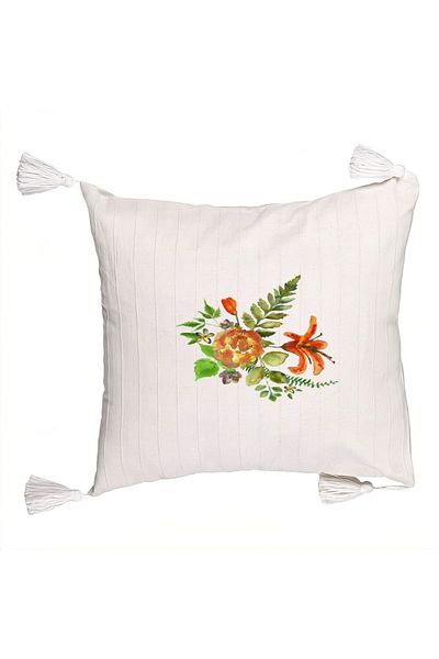BEKZ Decorative Pillow with Fringes, Floral Pattern, 45x45 cm, Ecru, With Zipper