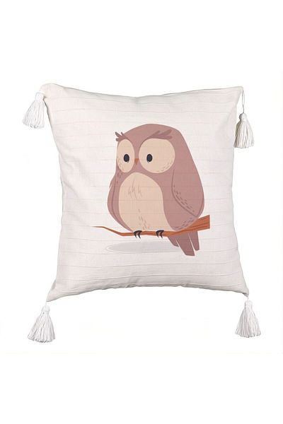 BEKZ Fringed Pillowcase, Owl Pattern, 45x45 cm, Ecru, With Zipper