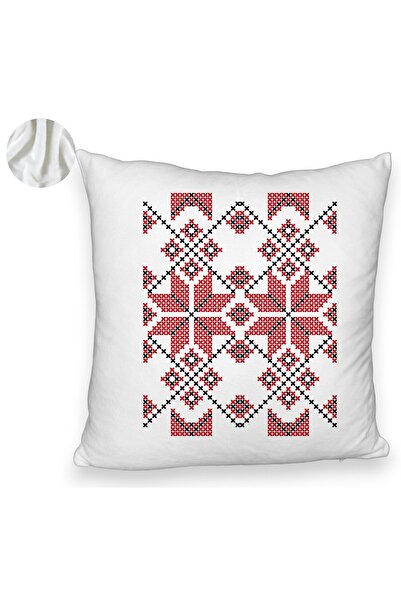 BEKZ Perna Decorativa Fluffy, Model cu Motive Romanesti, 40x40 cm, Alba, Husa Detasabila, Burduf