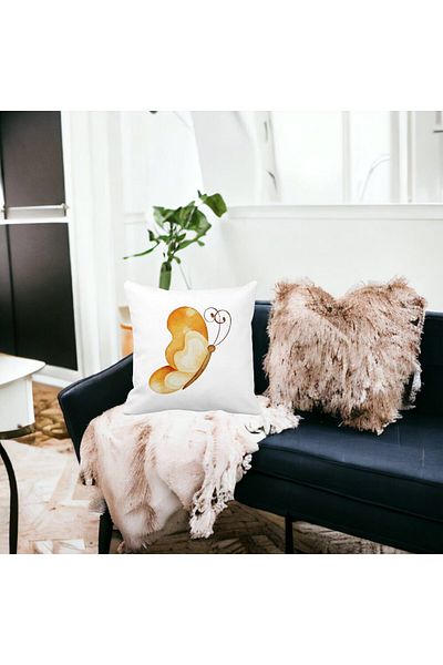 BEKZ Perna Decorativa, Brown Butterfly, 40x40 cm, Alba, Mata, Husa Detasabila, Burduf