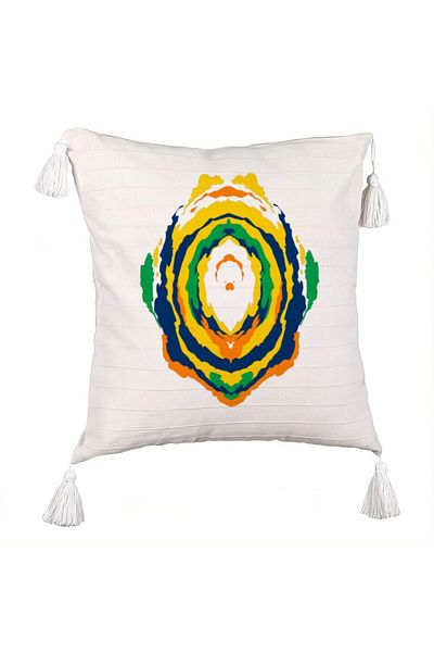 BEKZ Fringed Pillowcase, Abstract Pattern, Multicolor, 45x45 cm, Ecru, With Zipper