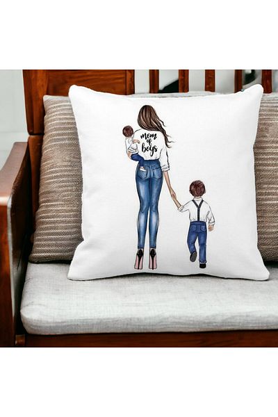BEKZ Mom of Boys Square Decorative Pillow, 40x40 cm, White, Matte, Removable Cover, Bellows