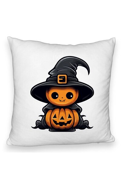 BEKZ Perna Decorativa Fluffy cu motiv de Halloween 1, 40x40 cm, Alba, Husa Detasabila, Burduf