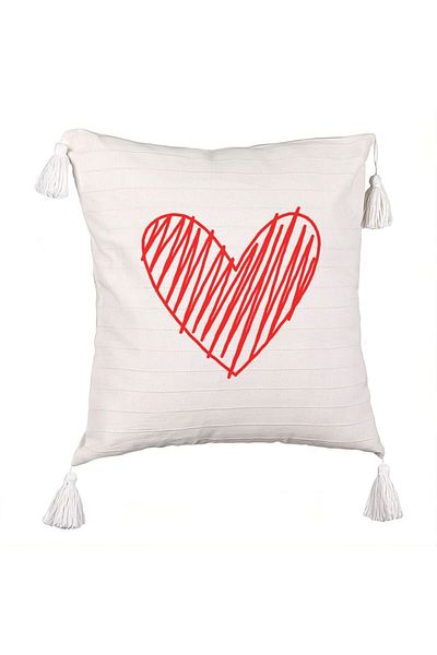 BEKZ Decorative Pillow with Fringes, Heart Pattern, 45x45 cm, Ecru, With Zipper