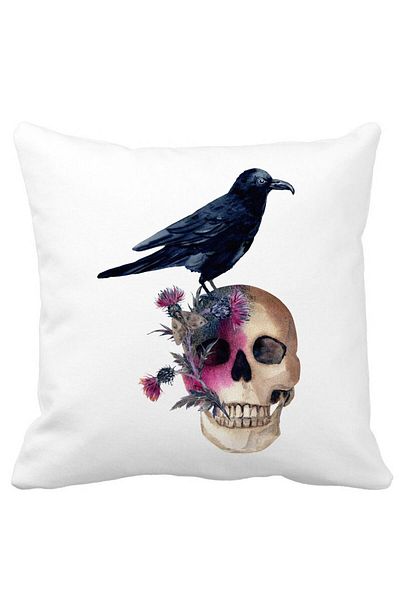 BEKZ Perna Decorativa cu motiv Craniu si Cioara de Halloween, 40x40 cm, Alba, Mata, Husa Detasabila, Burd