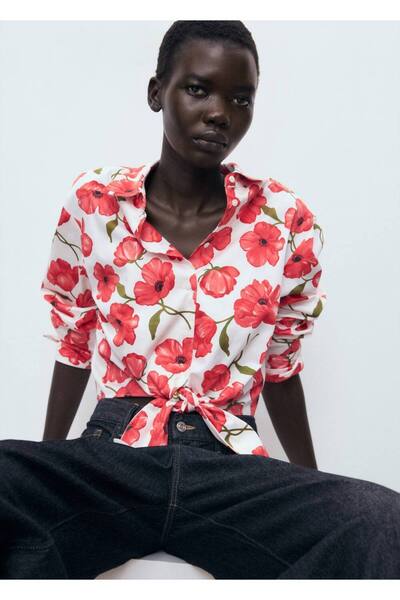 MANGO Woman Düğüm detaylı çiçek desenli crop gömlek