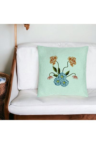 BEKZ Decorative Pillow, Mint Green and Blue Floral Pattern, 40x40 cm, Mint Green, Removable Cover, Burd