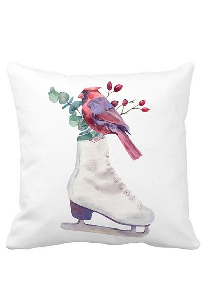 BEKZ Christmas Decorative Pillow, Ice Skates and Colored Bird, 40x40 cm, White, Matte, Removable Cover, B