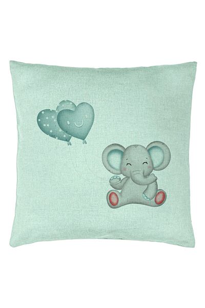BEKZ Decorative Pillow, Elephant And Heart-shaped Balloons Pattern, 40x40 Cm, Mint Green, Detachable Cove