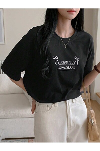 ALİKA تي شيرت نسائي أسود رومانسي كبير الحجم