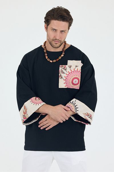 rammers Tricou boem cu guler lat, mâneci 4/3, cu modele etnice, cu buzunare