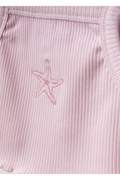 Magu Girl's Cotton Pink Starfish Embroidered Crop Shorts Set - Rib Fabric