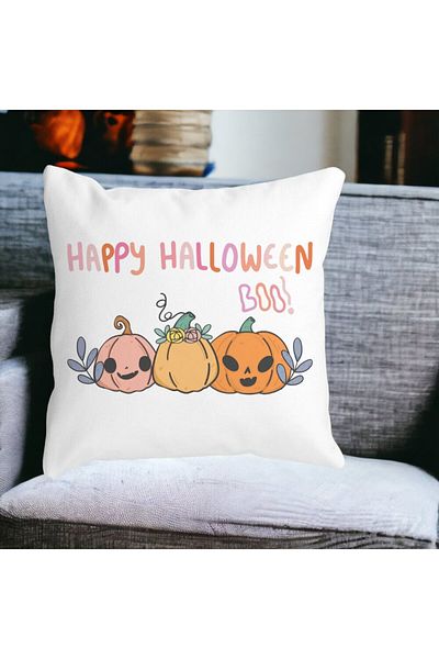 BEKZ Pillowcase with Pumpkin and Halloween Text, Multicolor, 40x40 cm, White, Matte, Detachable Cover