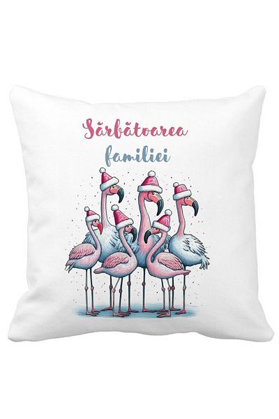 BEKZ Christmas Themed Decorative Pillow, Flamingo and Text 2, 40x40 cm, White, Matte, Removable Cover,