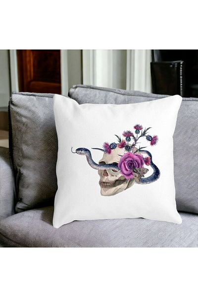BEKZ Pillowcase With Halloween Skull And Snake Motif, 40x40 Cm, White, Matte, Burdu