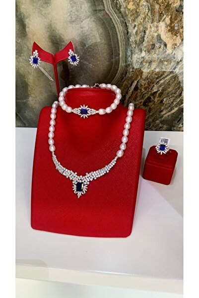 TRİA SİLVER Kültür İncili Koyu Mavi Taşlı 925 Ayar Gümüş İnci Set Takı Seti Kolye Küpe Yüzük Bileklik